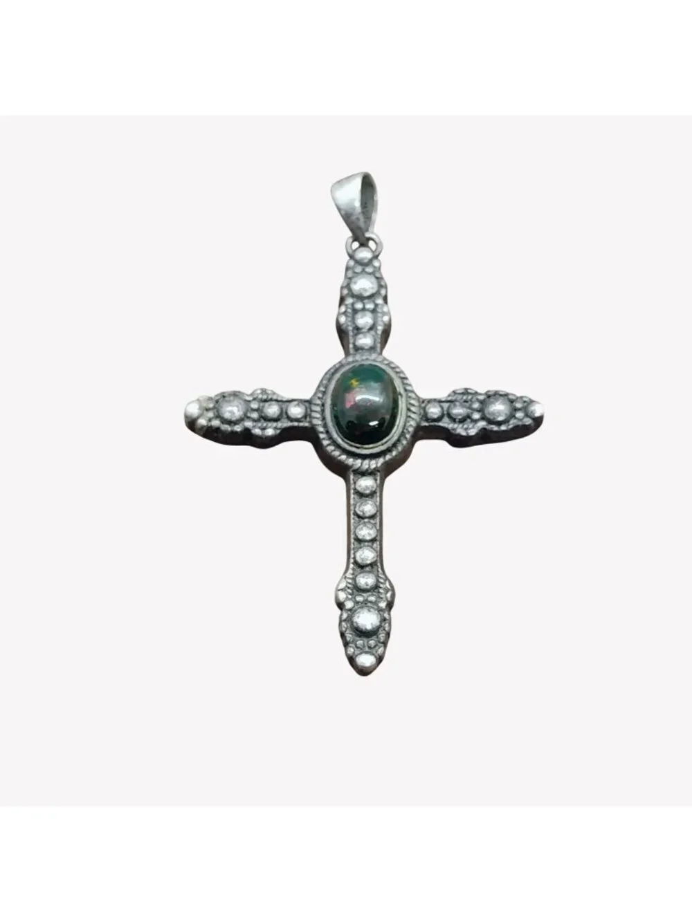 Vtg Sterling Silver Black Rainbow Opal Cross Pendant Signed BBJ Thailand 2
